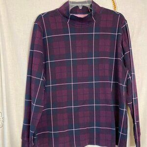 XL Women's Relaxed Fit Lands' End Purple Plaid mock Neck pull over